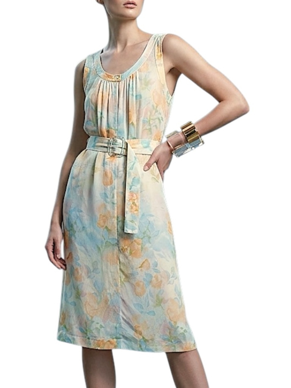 VTG 70s 80s Italian made pastel floral belt sleeveless old money midi dress 10